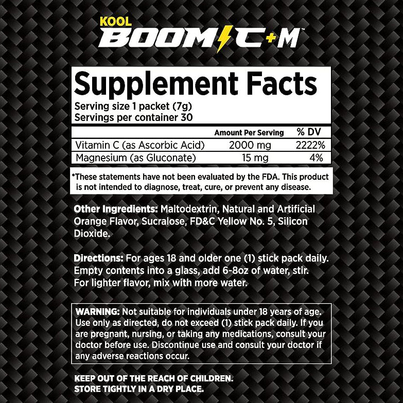 Kool Boom C + M - Vitamina C 2,000 Mg Más Magnesio - 30 Stick Packets (.25 Oz - 7g)