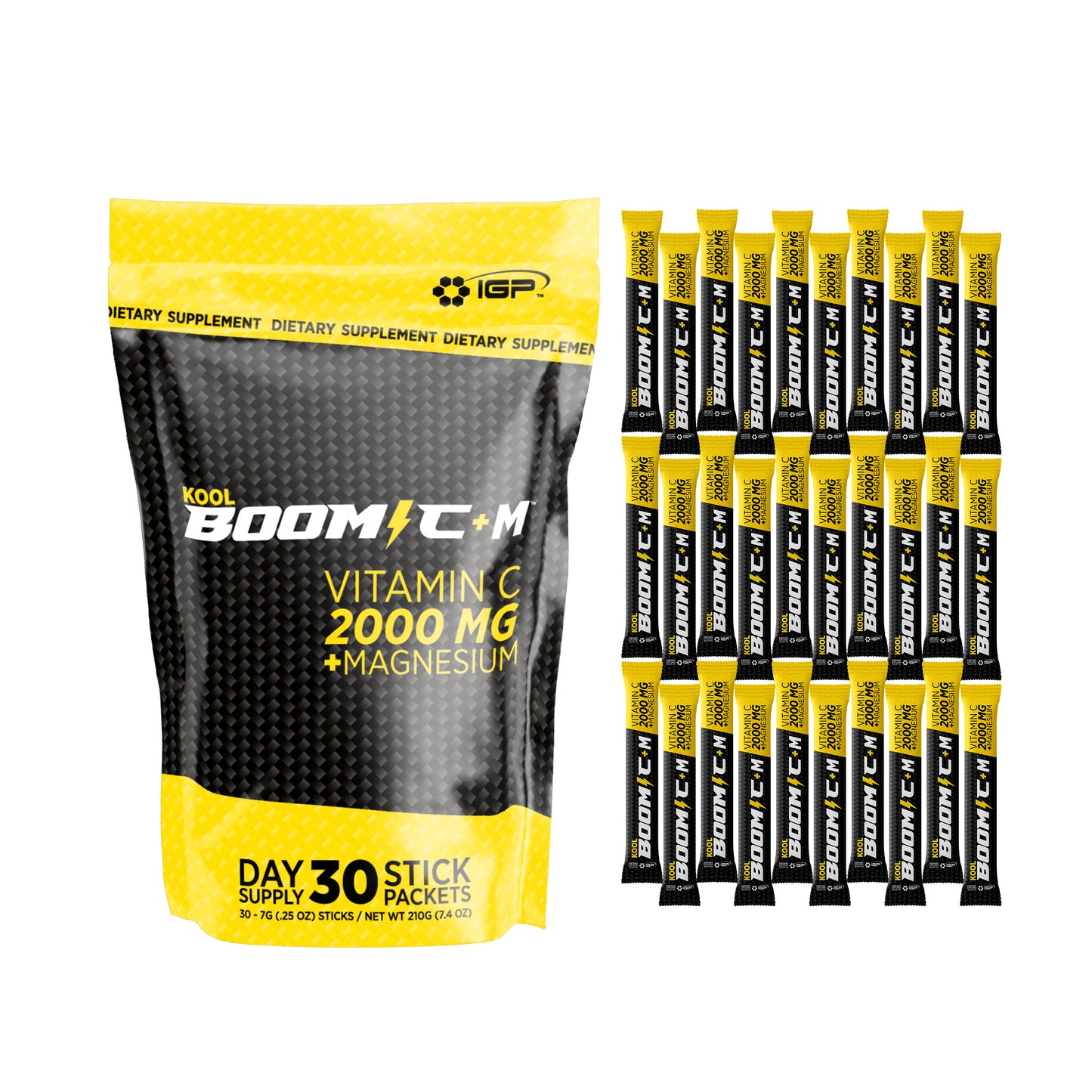 Kool Boom C + M - Vitamina C  2,000 Mg Más Magnesio - 30 Stick Packets (.25 Oz - 7g)