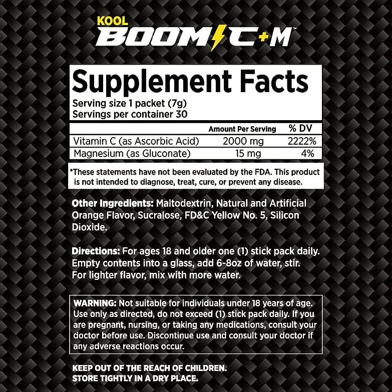 Kool Boom C + M - Vitamina C  2,000 Mg Más Magnesio - 30 Stick Packets (.25 Oz - 7g)