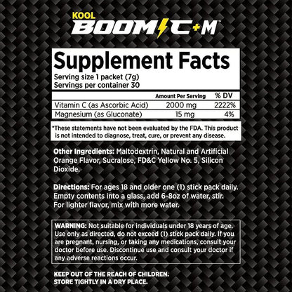 Kool Boom C + M - Vitamina C  2,000 Mg Más Magnesio - 30 Stick Packets (.25 Oz - 7g)